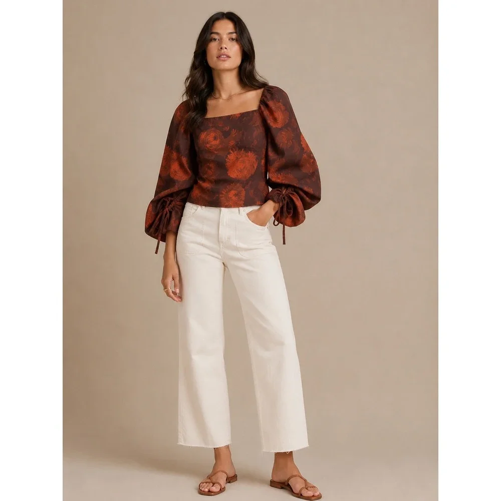 Banana Republic Floral Puff‎ Sleeve Top Brown Orange Square Neck Small NWT